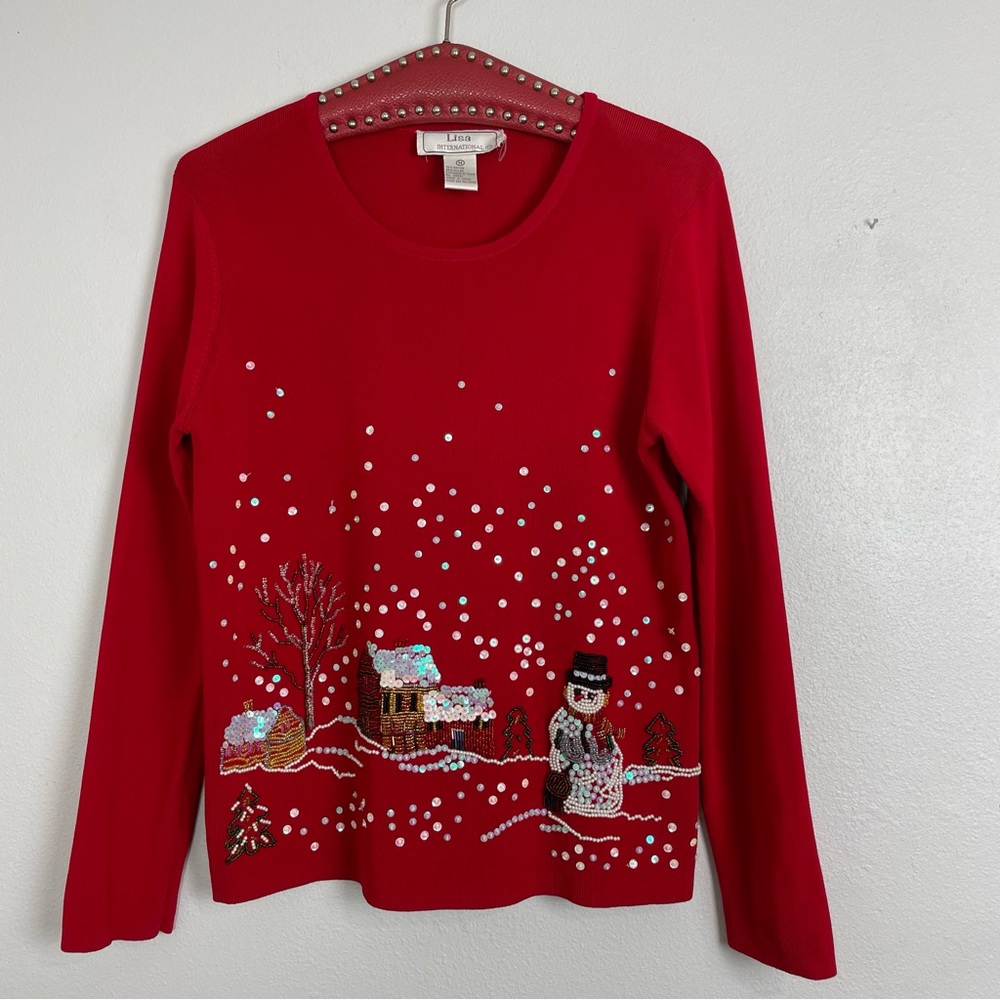 Vintage Lisa International Sequin Beaded Christmas Top | Long Sleeve | Red | M